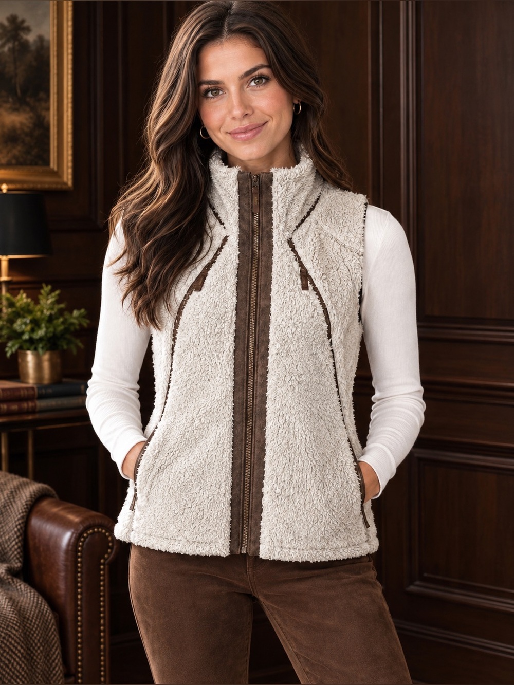 KÜHL Fleece Vest Off White Brown Genuine Leather Trim Fitted